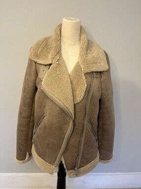 Commence Women’s Faux Leather Aviator Jacket With Sherpa Lining. Beige. Size S